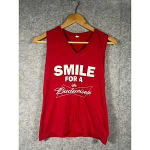 Budweiser Womens V Neck Red Sleeveless Tank Top Smile For A‎ Budweiser Graphic